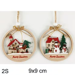   FA AKASZTÓS KÖRBEN TEMPLOM VAGY HÁZ, MERRY CHRISTMAS FELIRAT, NATÚR ÉS PIROS