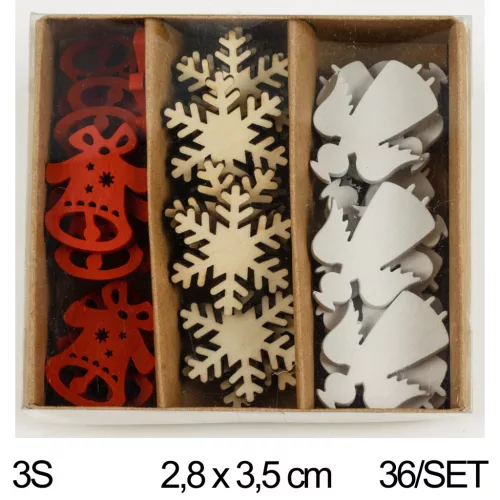 FA DEKOR SZETTBEN, 36 DARAB, 12 PIROS HARANG, 12 FEHÉR ANGYAL, 12 NATÚR HÓKRISTÁLY