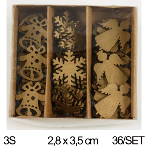 FA DEKOR SZETTBEN, 36 DARAB, HARANG, ANGYAL, HÓKRISTÁLY, ARANY