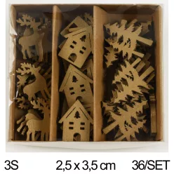 FA DEKOR SZETTBEN, 36 DARAB, FENYŐ, HÁZ, SZARVAS, ARANY