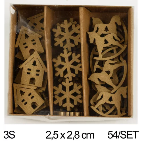 FA DEKOR SZETTBEN, 54 DARAB, HÁZ, HINTALÓ, HÓPIHE, ARANY