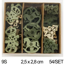   FA DEKOR SZETTBEN, 54 DARAB, HARANG, HINTALÓ, FENYŐ, ZÖLD/SÖTÉTZÖLD/NATÚR