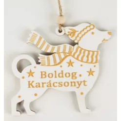   FA AKASZTÓS KUTYA, SAPKÁBAN ÉS SÁLBAN, BOLDOG KARÁCSONYT FELIRAT, FEHÉR/NATÚR