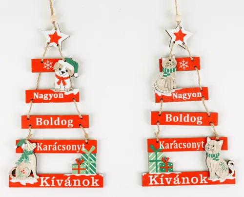 FA AKASZTÓS FENYŐ ALAKÚ TÁBLÁK, NAGYON BOLDOG KARÁCSONYT KÍVÁNOK FELIRAT, PIROS, KUTYA VAGY MACSKA