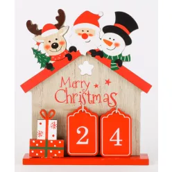   FA ADVENTI NAPTÁR HÁZ, KARÁCSONYI FIGURÁKKAL, MERRY CHRISTMAS FELIRAT, PIROS ÉS NATÚR