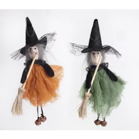 TEXTIL AKASZTÓS BOSZORKÁNY SEPRŰVEL NARANCS/ZÖLD 23CM