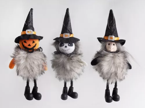 TEXTIL AKASZTÓS HALLOWEEN FIGURÁK, LÓGÓ LÁBBAL, SZŐRÖS TESTTEL, SÜVEGBEN, FEKETE