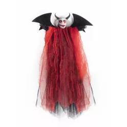   TEXTIL AKASZTÓS HALLOWEEN ÖRDÖG, PIROS LEPEL RUHÁBAN, DENEVÉR SZÁRNNYAL
