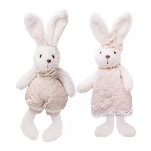 TEXTIL NYÚL, FIÚ VAGY LÁNY, LÓGÓ LÁBBAL, VIRÁG MINTÁS RUHÁBAN