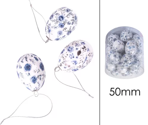 MŰANYAG AKASZTÓS TOJÁS SZETTBEN, 24 DARABOS, PLEXI DOBOZBAN, VIRÁGOS, KÉK ÉS FEHÉR