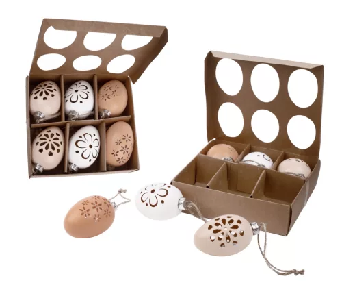 MŰANYAG AKASZTÓS TOJÁS, 6 DARABOS SZETT, VIRÁGOS, NATÚR FEHÉR