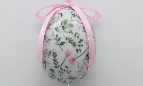 MŰANYAG AKASZTÓS TOJÁS SZETTBEN, 12 DARABOS, PLEXI DOBOZBAN, ZÖLD LEVELEK, RÓZSASZÍN VIRÁGGAL