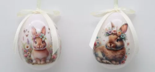 MŰANYAG AKASZTÓS TOJÁS SZETTBEN, 12 DARABOS, PLEXI DOBOZBAN, NYÚL VIRÁGKOSZORÚVAL