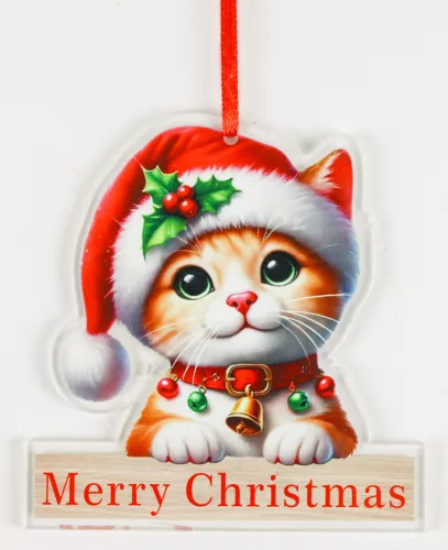 MŰANYAG AKASZTÓS MACSKA MIKULÁS SAPKÁBAN, MERRY CHRISTMAS FELIRAT