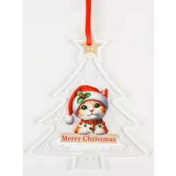   MŰANYAG AKASZTÓS FENYŐFA, MACSKA MIKULÁS SAPKÁBAN, MERRY CHRISTMAS FELIRAT