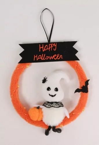 TEXTIL KOPOGTATÓ SZELLEM TÖKKEL, HAPPY HALLOWEEN FELIRATTAL, NARANCSSÁRGA ÉS FEKETE