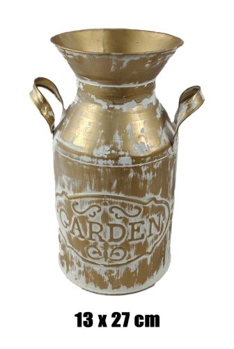 BÁDOG VÁZA, 2 FÜLLEL, ARANY, FEHÉR, GARDEN FELIRATTAL