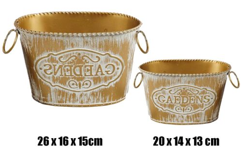 BÁDOG KASPÓ, SZETTBEN, 2 DARABOS, FÜLLEL, OVÁLIS ALAKÚ, ARANY, FEHÉR GARDEN FELIRATTAL