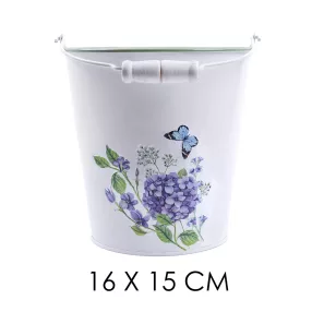 BÁDOG VÖDÖR, FÜLLEL, LILA HORTENZIA MINTÁS, FEHÉR