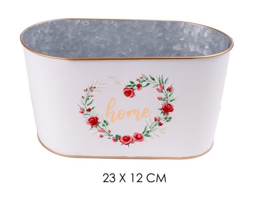 BÁDOG KASPÓ, OVÁL, RÓZSA MINTÁS, HOME FELIRATTAL, FEHÉR