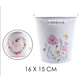   BÁDOG VÖDÖR, FÜLLEL, RÓZSA MINTÁS, HOME FELIRATTAL, FEHÉR