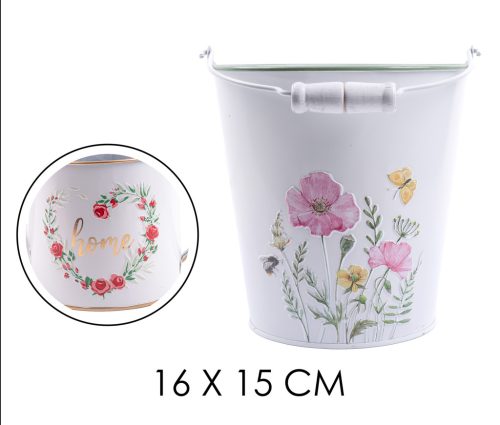 BÁDOG VÖDÖR, FÜLLEL, RÓZSA MINTÁS, HOME FELIRATTAL, FEHÉR