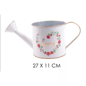   BÁDOG ÖNTÖZŐ KANNA, RÓZSA MINTÁS, HOME FELIRATTAL, FEHÉR