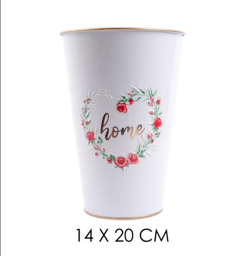 BÁDOG VÁZA, RÓZSA MINTÁS, HOME FELIRATTAL, FEHÉR