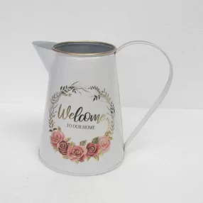   BÁDOG ÖNTÖZŐ KANNA, VIRÁG KOSZORÚ, WELCOME TO OUR HOME FELIRAT