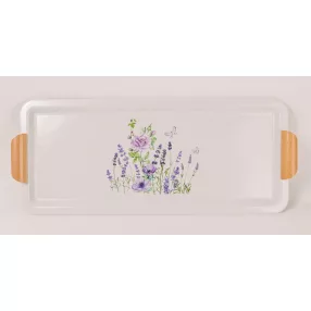 BÁDOG TÁLCA, TÉGLALAP ALAKÚ, LILA VIRÁGOS