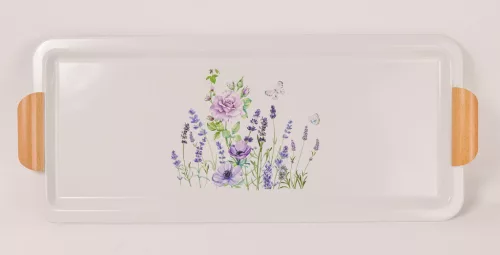 BÁDOG TÁLCA, TÉGLALAP ALAKÚ, LILA VIRÁGOS