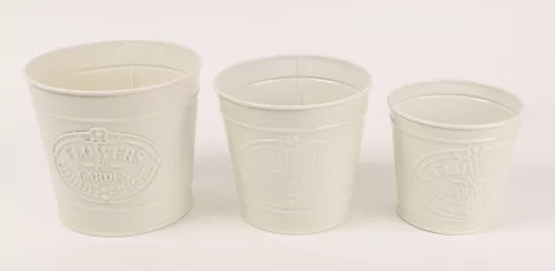 BÁDOG KASPÓ SZETT, 3 DARABOS, KEREK, TÖRT FEHÉR, FLOWERS GARDEN FELIRAT