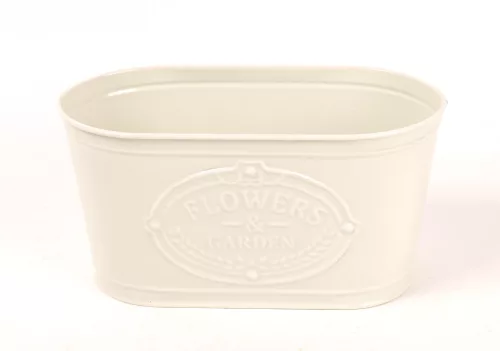 BÁDOG KASPÓ, OVÁLIS, TÖRT FEHÉR, FLOWERS GARDEN FELIRAT