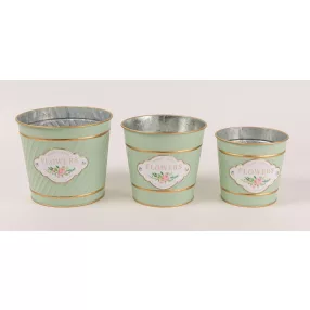   BÁDOG KASPÓ SZETT, 3 DARABOS, KEREK, HALVÁNY ZÖLD, FLOWERS FELIRAT