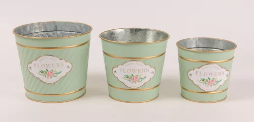 BÁDOG KASPÓ SZETT, 3 DARABOS, KEREK, HALVÁNY ZÖLD, FLOWERS FELIRAT