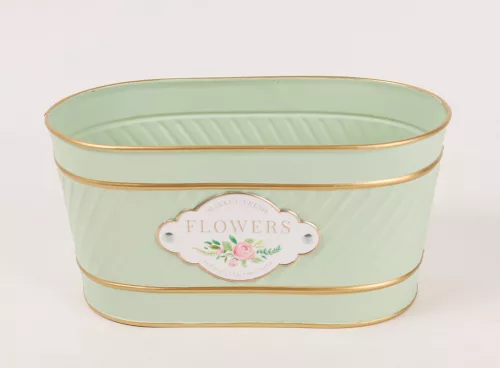 BÁDOG KASPÓ, OVÁLIS, HALVÁNY ZÖLD, FLOWERS FELIRAT