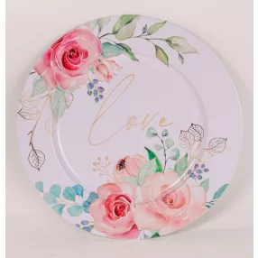 BÁDOG TÁLCA KEREK, LOVE FELIRAT, RÓZSASZÍN RÓZSÁS