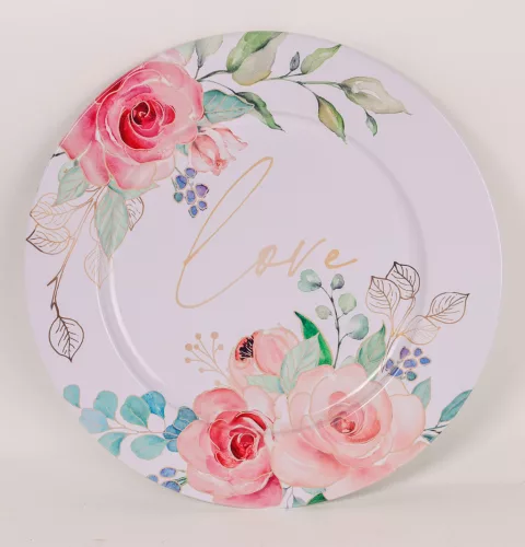 BÁDOG TÁLCA KEREK, LOVE FELIRAT, RÓZSASZÍN RÓZSÁS