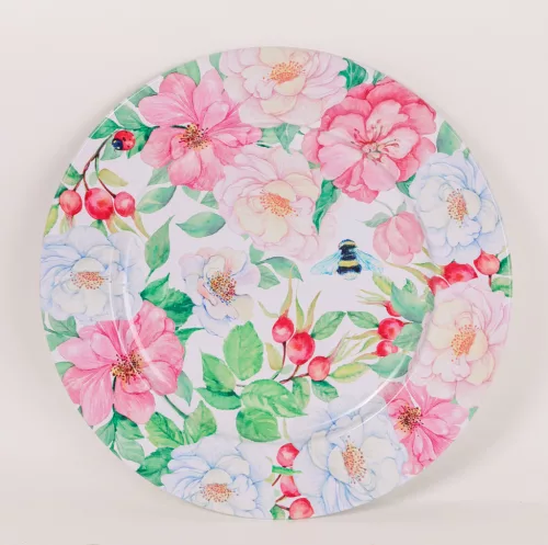 BÁDOG TÁLCA KEREK, VIRÁGOS