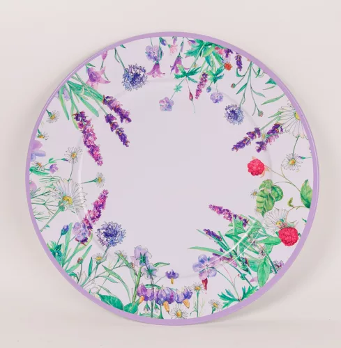 BÁDOG TÁLCA KEREK, LILA VIRÁGOS