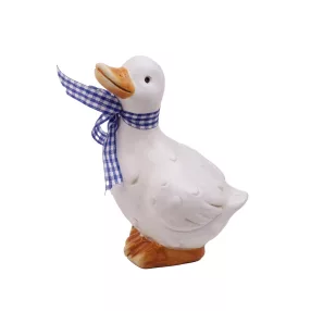 KERÁMIA KACSA, KÉK KOCKÁS SZALAGGAL, FEHÉR