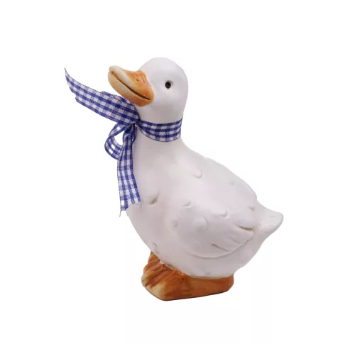 KERÁMIA KACSA, KÉK KOCKÁS SZALAGGAL, FEHÉR