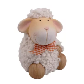   KERÁMIA BÁRÁNY, ÜLŐ, NARANCSSÁRGA KOCKÁS SZALAGGAL, FEHÉR