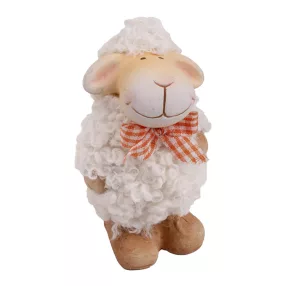   KERÁMIA BÁRÁNY, ÁLLÓ, NARANCSSÁRGA KOCKÁS SZALAGGAL, FEHÉR