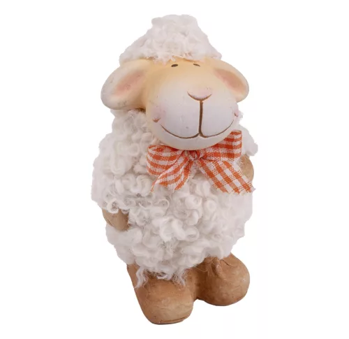 KERÁMIA BÁRÁNY, ÁLLÓ, NARANCSSÁRGA KOCKÁS SZALAGGAL, FEHÉR