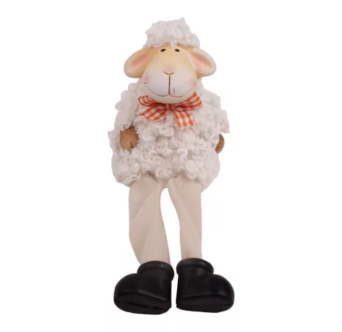 KERÁMIA BÁRÁNY, LÓGÓ LÁBBAL, NARANCSSÁRGA KOCKÁS SZALAGGAL, FEHÉR