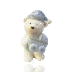 KERÁMIA MEDVE SAPKÁVAL ÉS BABAKOCSIVAL, KÉK