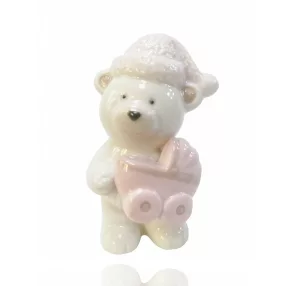 KERÁMIA MEDVE SAPKÁVAL ÉS BABAKOCSIVAL, RÓZSASZÍN