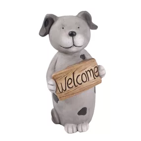 KÜLTÉRI KUTYA WELCOME TÁBLÁVAL, SZÜRKE, FEKETE FOLTOS