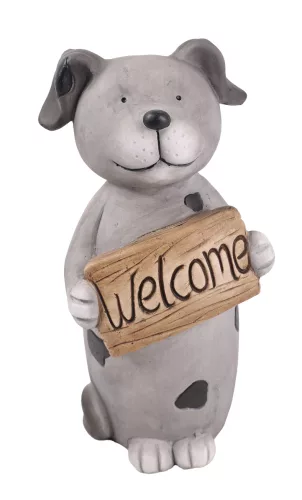 KÜLTÉRI KUTYA WELCOME TÁBLÁVAL, SZÜRKE, FEKETE FOLTOS